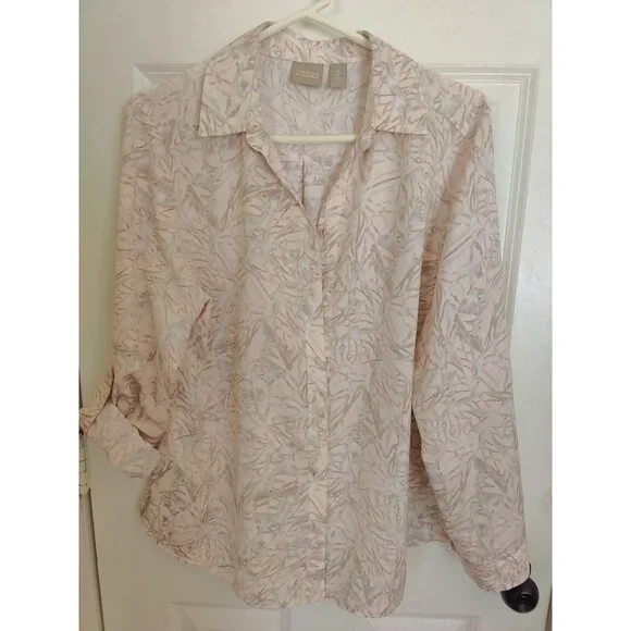 Chico's Peach Gray Satin Abstract Butterfly LS Roll-Tab Button-Up Top 2 (L/12) - Picture 5 of 9